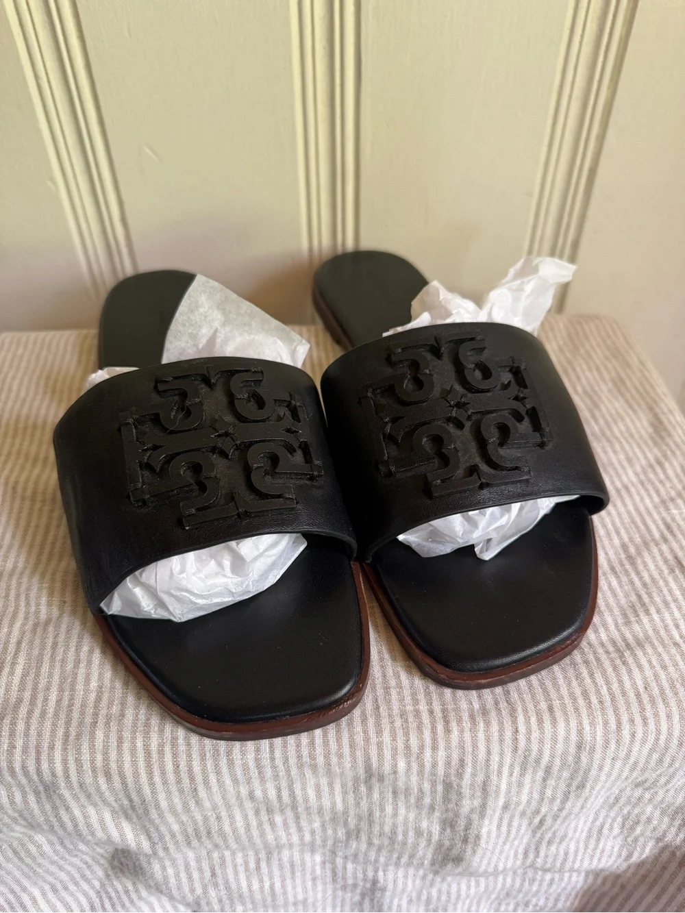 Tory Burch Ines Black Leather Slide Sandals with Logo Accent - Women
